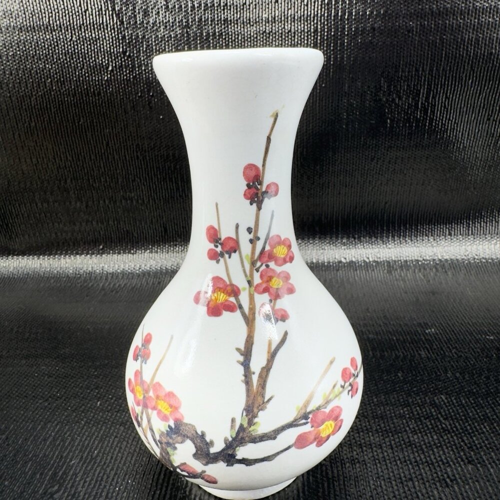 Vintage 1980s Pottery Vase Cherry Blossom Pattern Marked Heavy Stoneware Vase